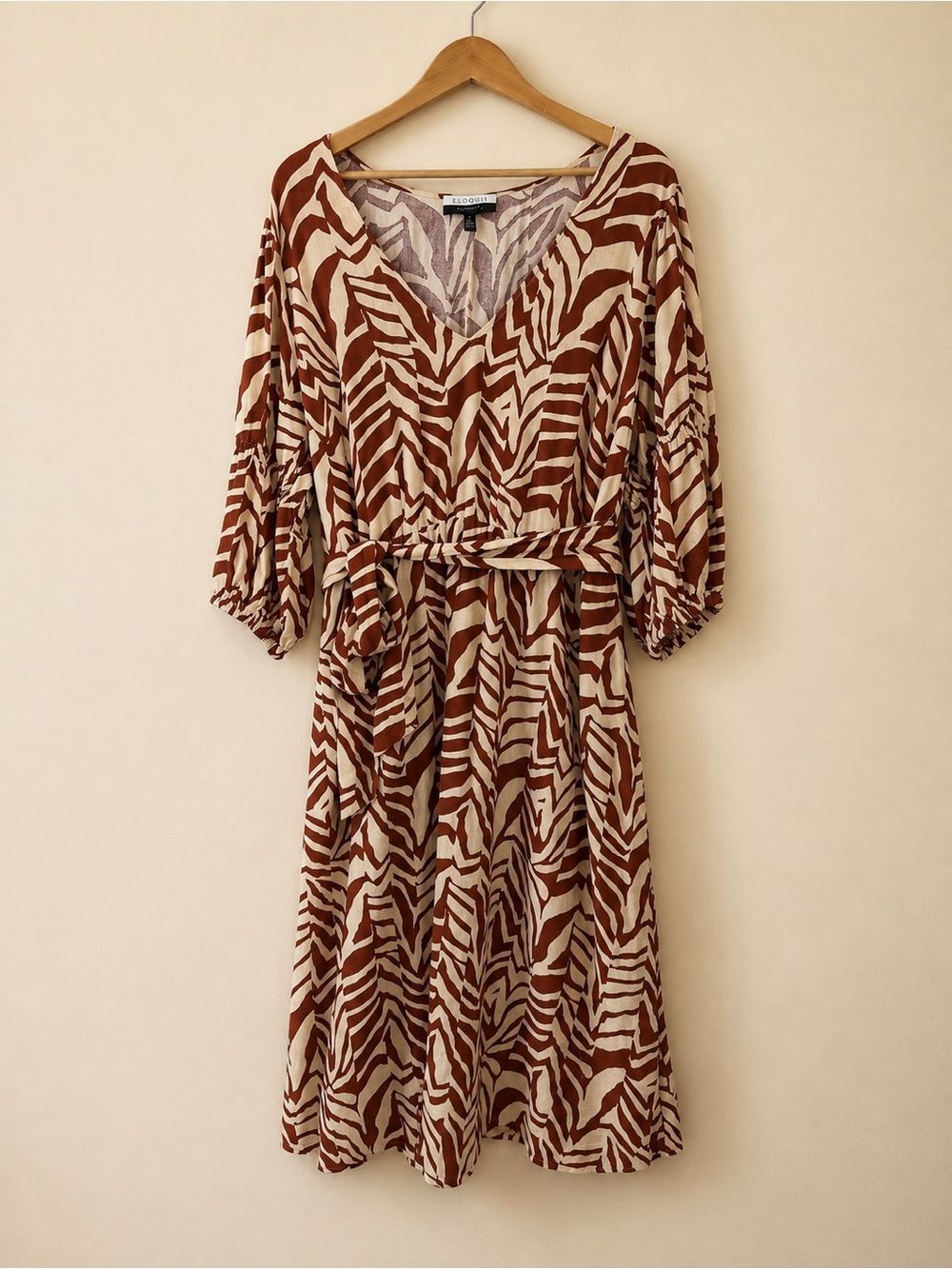Eloqii Zebra Print Brown Linen Tropical Midi Dress
